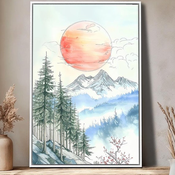 Forest And Sunrise Painting Print Landscape With Snow Capped Peaks Framed Canvas Wall Art Abstract Poster Nature Decor Gift Ready To Hang