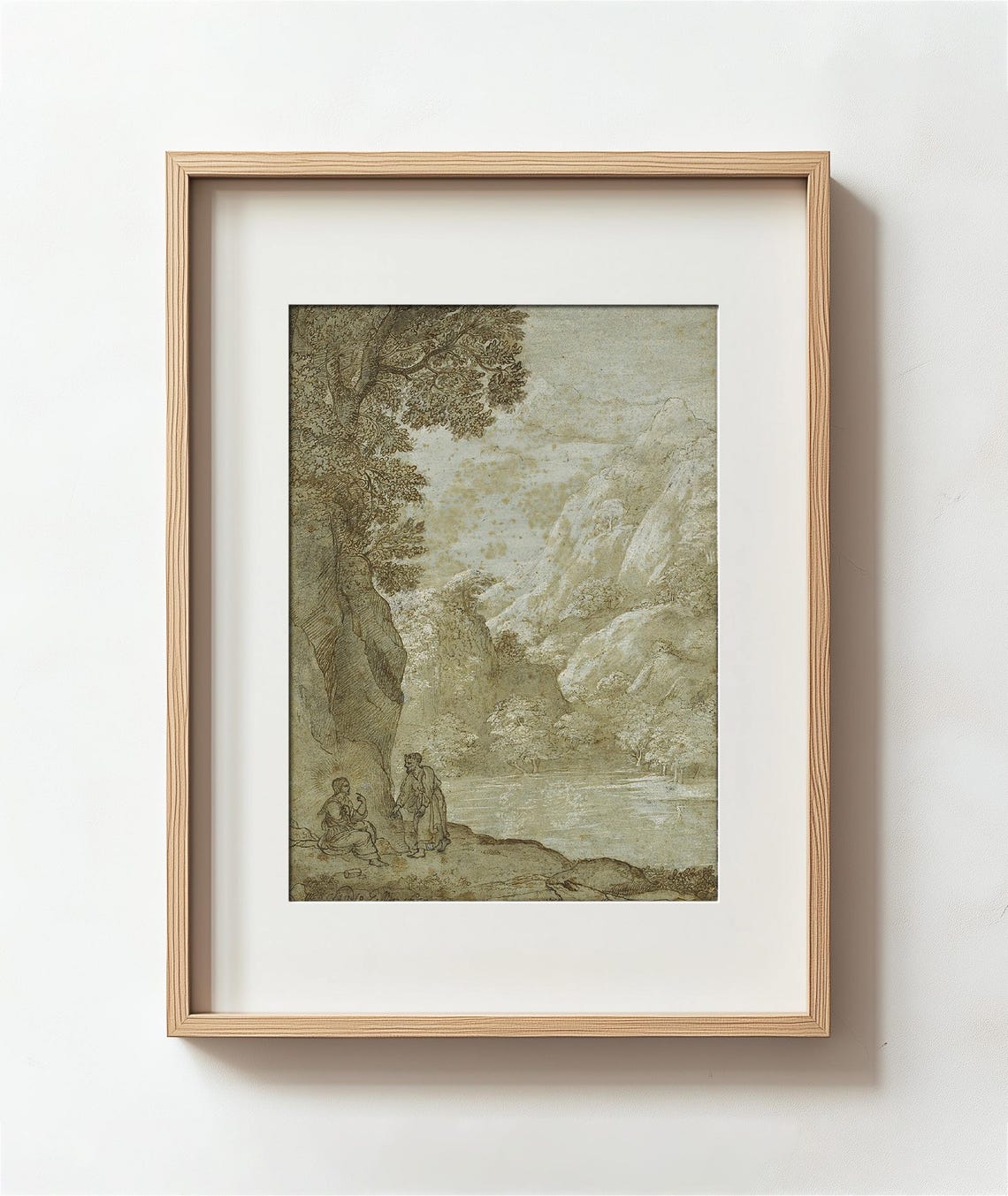 Antique Mountain Lake Landscape Etching Figures Lakeside Scene Print - Image 2