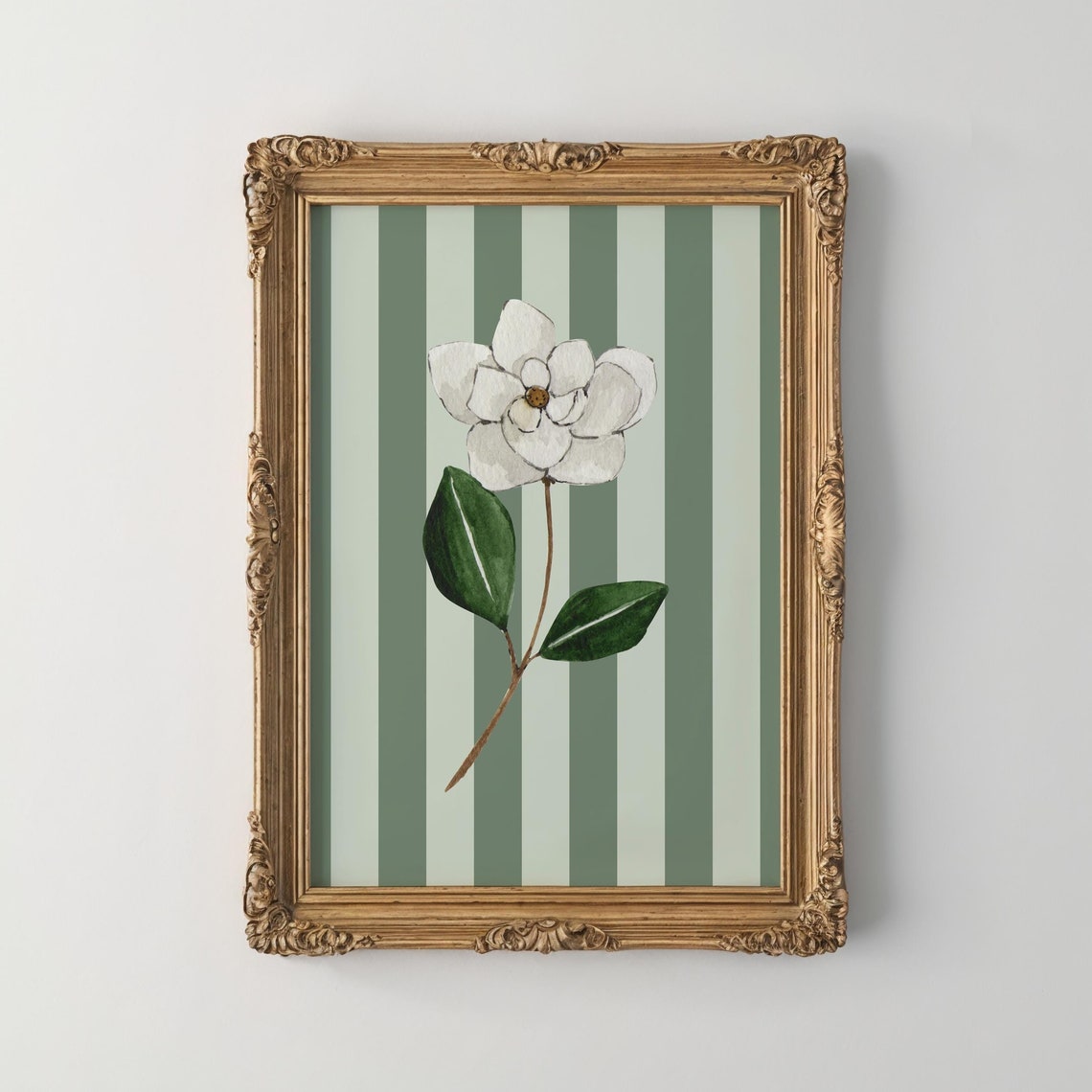 Sage Green Striped Magnolia Watercolor Poster Floral Wall Decor
