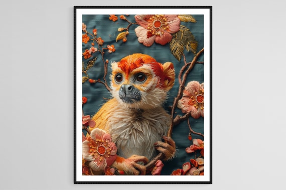 Embroidered Proboscis Monkey on Blossom Branch Textile Poster