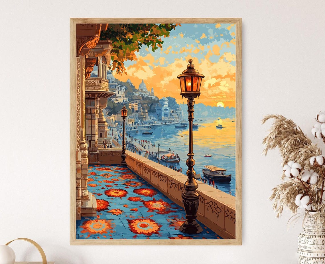 Varanasi Terrace With Rangoli Decor Indian Spiritual Art Ganges View Print