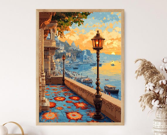 Varanasi Terrace With Rangoli Decor Indian Spiritual Art Ganges View Print