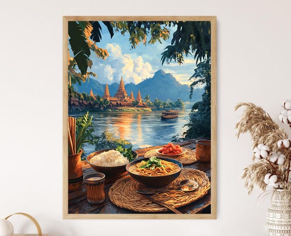Luang Prabang Breakfast Table Art Print Traditional Laos Food Decor Mekong River View