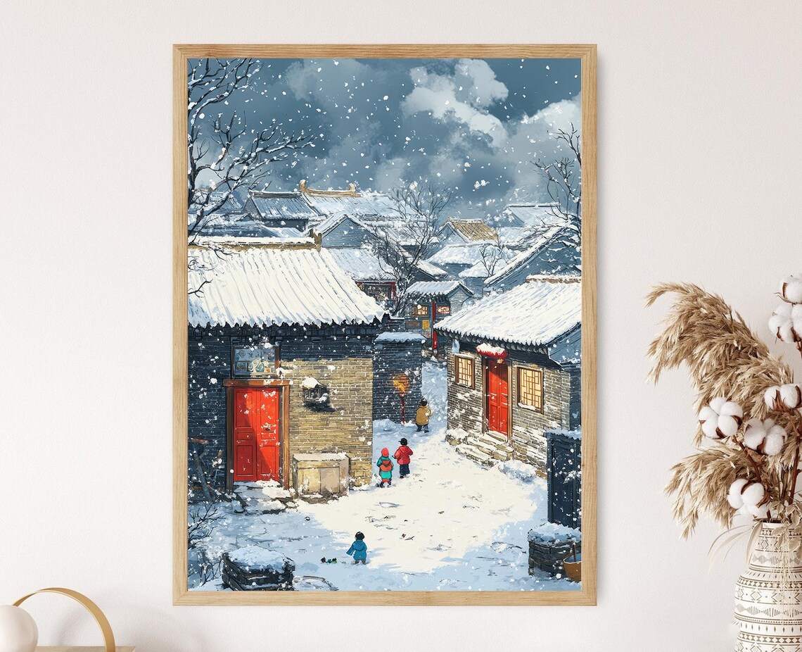 Hutong Winter Scene Art Print, Snowy Courtyard Red Doors