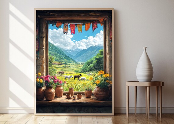 Tibetan Window with Prayer Flags Overlooking Yaks in Green Valley Poster