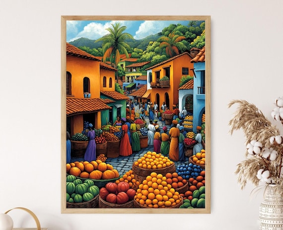 Eritrea Marketplace Illustration Colorful Farm Market Painting African Fruit Art Wall Art For Kitchen African Restaurant Decor