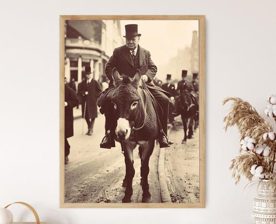 Winston Churchill Riding A Donkey Print Vintage Art Poster Historical Humor Wall Decor Unique Gift Idea