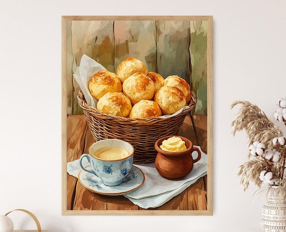 Po De Queijo In Woven Basket With Coffee And Butter Rustic Brazilian Breakfast Kitchen Art Print