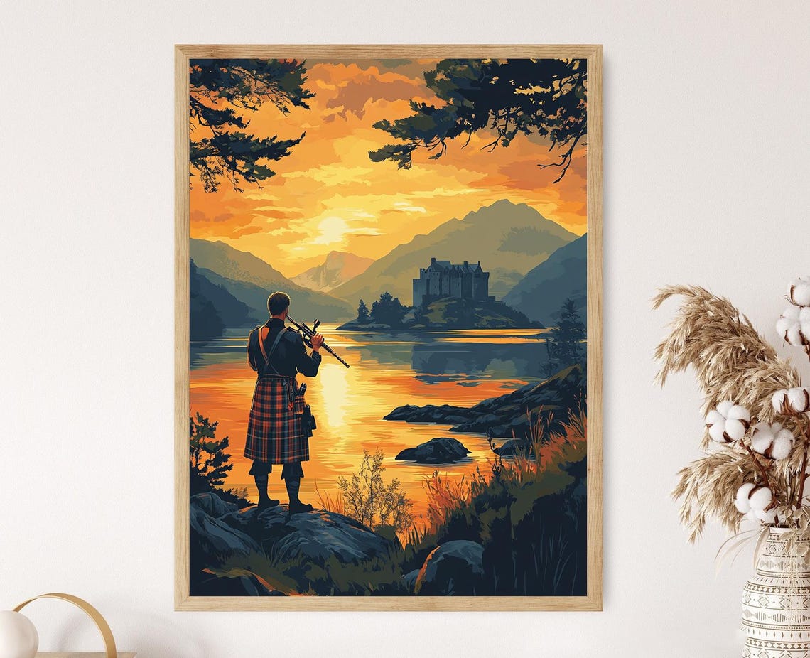 Scottish Piper With Eilean Donan Castle And Coastal Sunset Scene Heritage Art Print