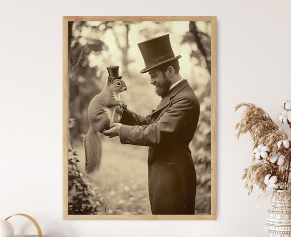 Victorian Gentleman Squirrel Top Hat Sepia Vintage Photo Art Poster