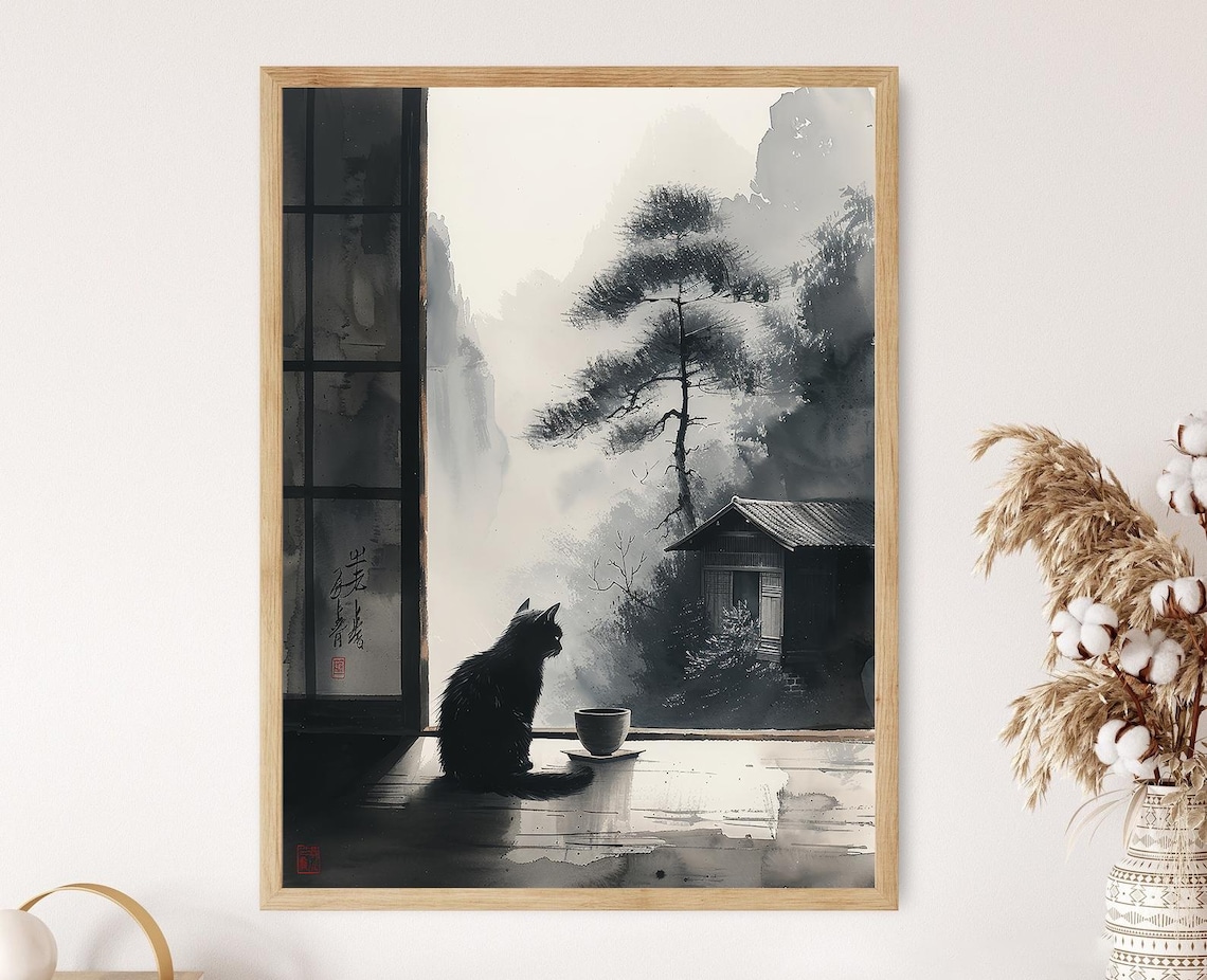 Zen Cat in Japanese Tea House, Ink Wash Art Print