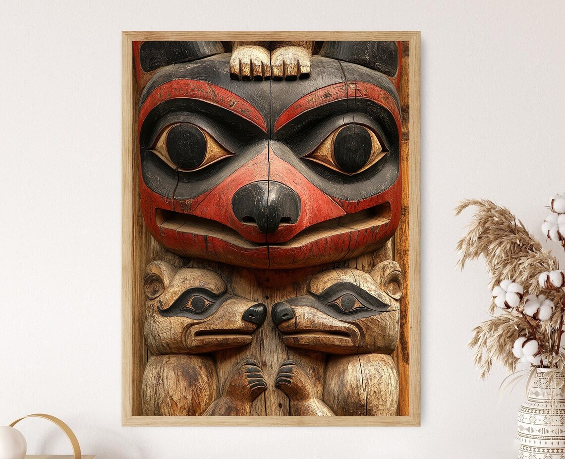Haida Totem Pole Art Print, Bear Wolf Orca