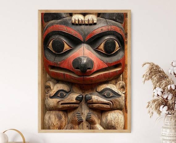 Haida Totem Pole Art Print, Bear Wolf Orca