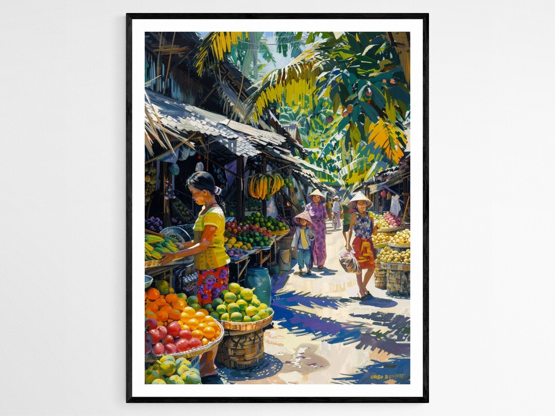 Filipino Fruit Market Art Print Vibrant Street Scene Illustration Exotic Kitchen Decor Unique Housewarming Gift