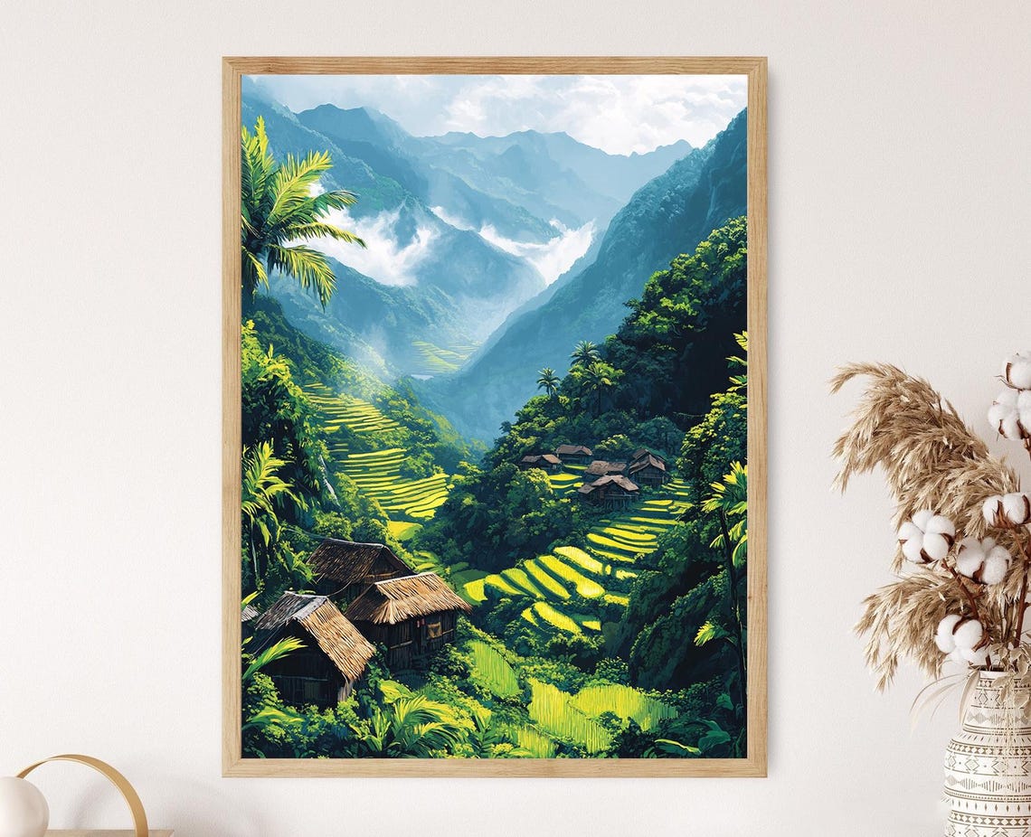 Ifugao Village Art Print Filipino Heritage Poster Mountain Life Illustration