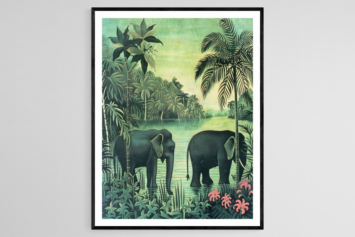 Elephants by the River Naive Jungle Scene Vintage Painting Poster