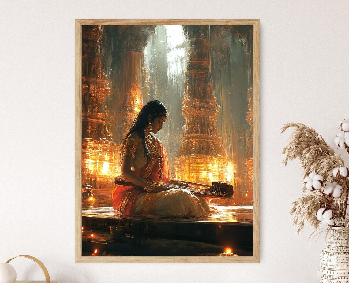 Indian Veena Player in Temple Hall, Art Print