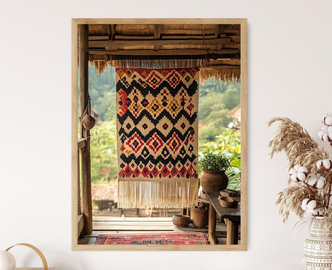 Indonesian Ikat Textile Art Print Geometric Diamond Fabric Poster Handwoven Decor Illustration