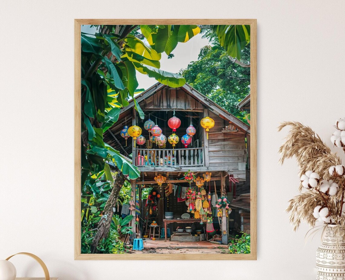 Thai Wooden Stilt House Colorful Lanterns Tropical Courtyard Print Art