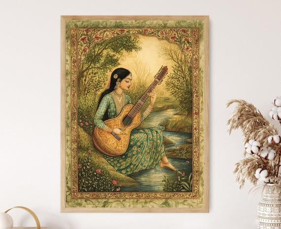 Indian Miniature Art Print Serene Sitar Player Antique Traditional Painting
