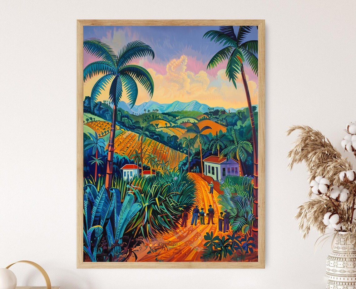 Cuban Sugarcane Farmers Walking Fields at Golden Sunset Poster