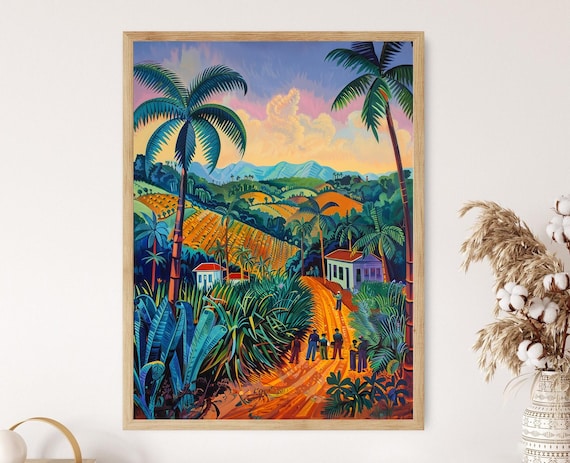 Cuban Sugarcane Farmers Walking Fields at Golden Sunset Poster