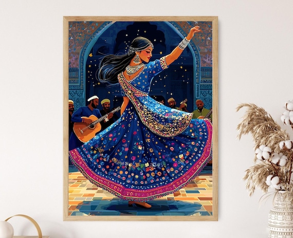 Afghan Logari Dance Woman in Blue Embroidered Dress with Musicians Poster