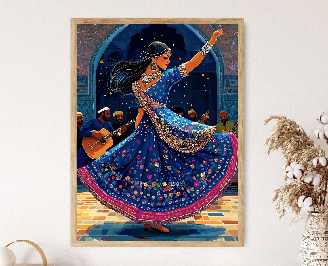 Afghan Logari Dance Woman in Blue Embroidered Dress with Musicians Poster