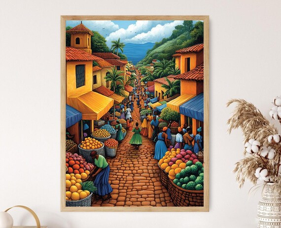 Somalia Marketplace Illustration Colorful Farm Market Painting African Fruit Art Wall Art For Kitchen African Restaurant Decor