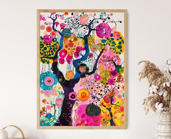 Whimsical Tree of Life Blooming Branches Colorful Art Poster