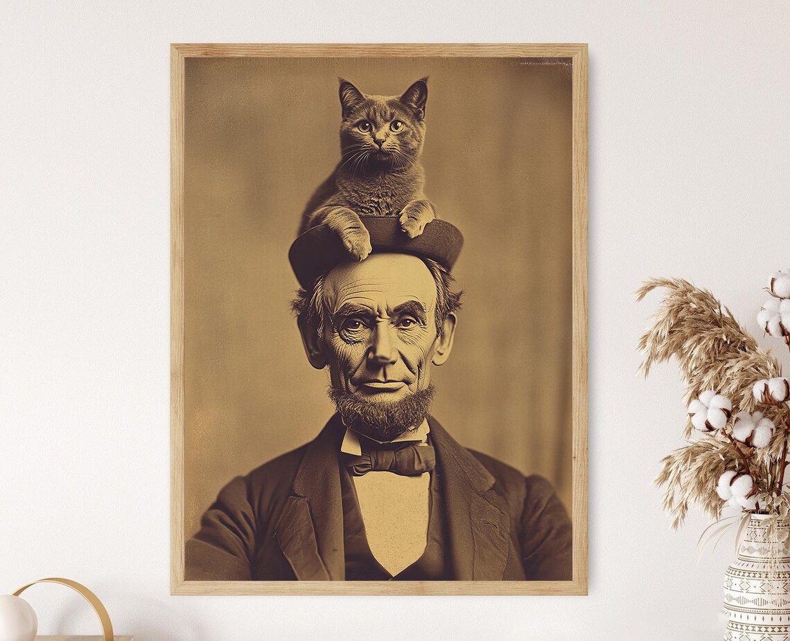 Abraham Lincoln and Cat, Quirky Office Art Print