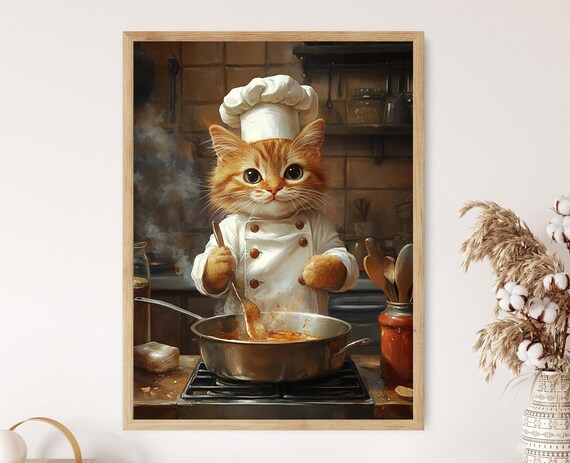 Whimsical Chef Cat Cooking Poster with Orange Tabby Kitten in Hat