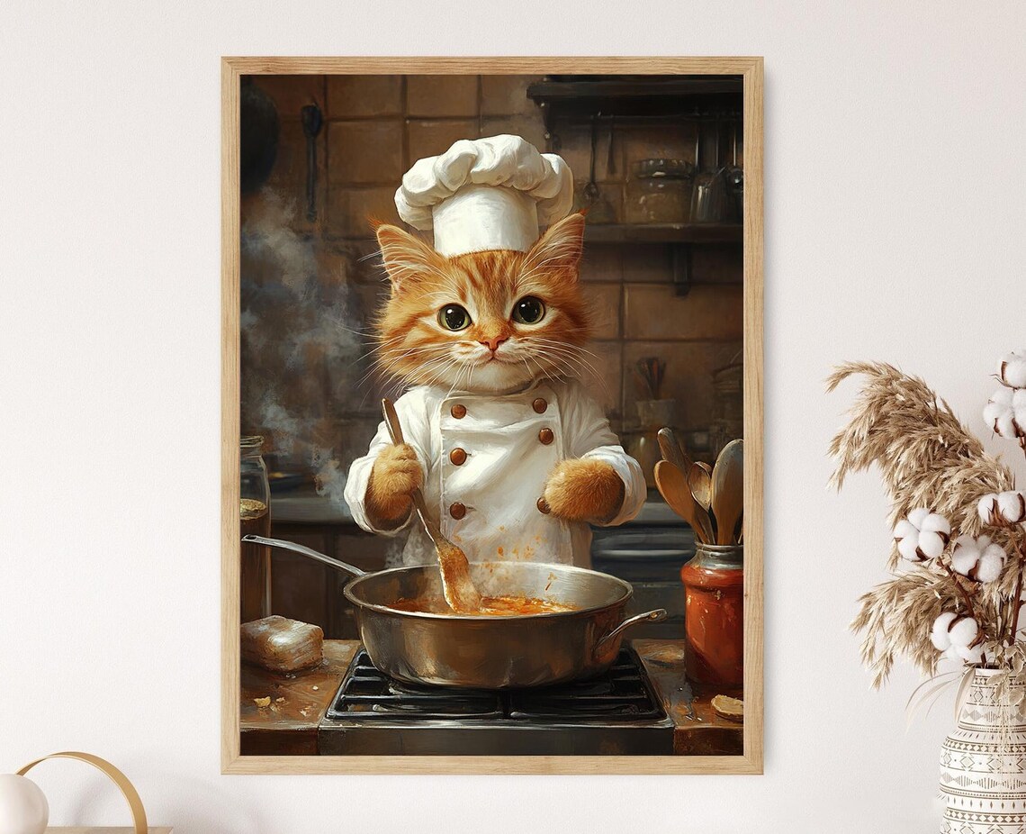 Whimsical Chef Cat Cooking Poster with Orange Tabby Kitten in Hat