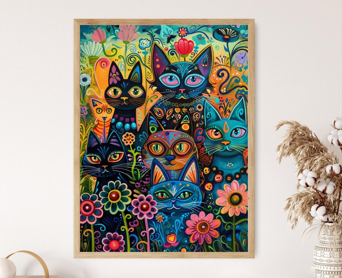 Whimsical Cats in a Garden Party, Louis Wain Inspired Art Print
