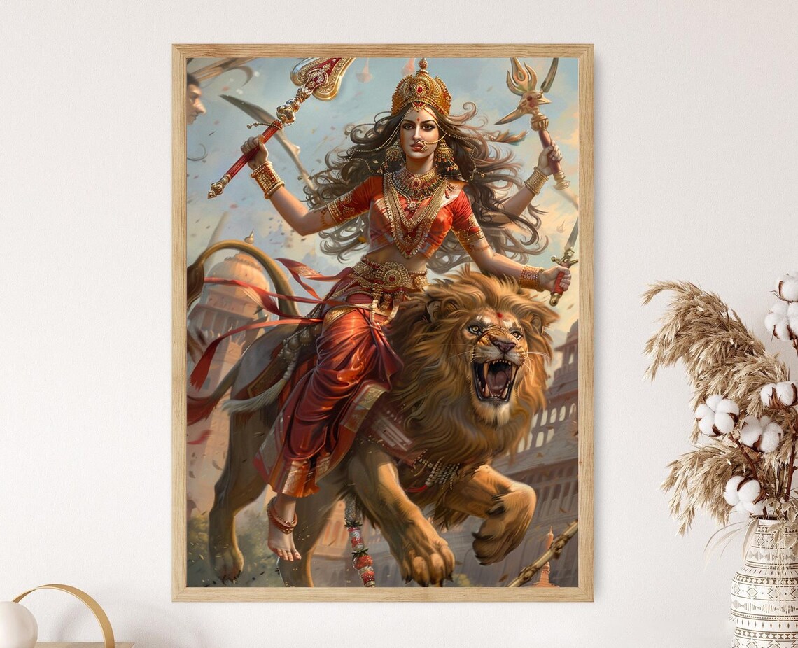 Goddess Durga Riding a Roaring Lion With Sacred Weapons Poster