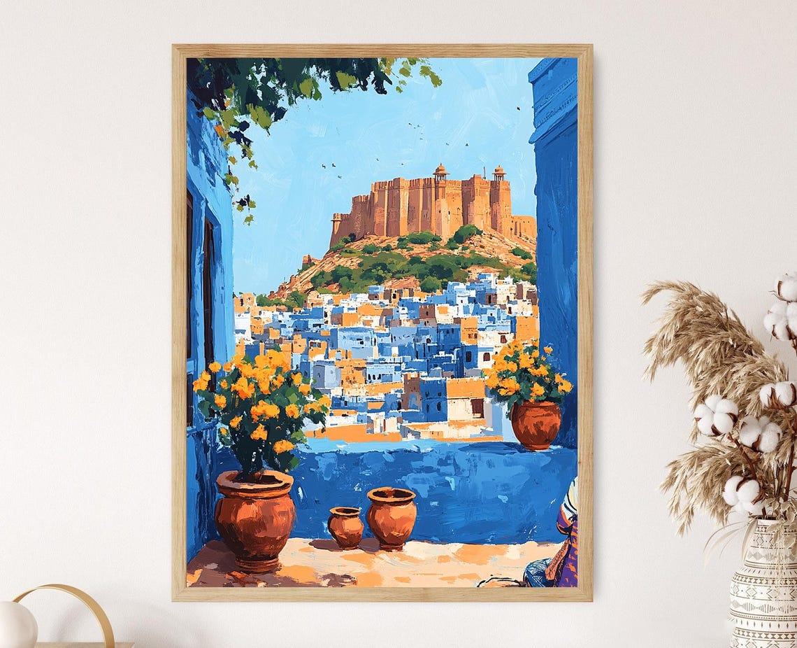 Jodhpur Terrace With Blue Walls Indian Cultural Art Mehrangarh Fort View Print