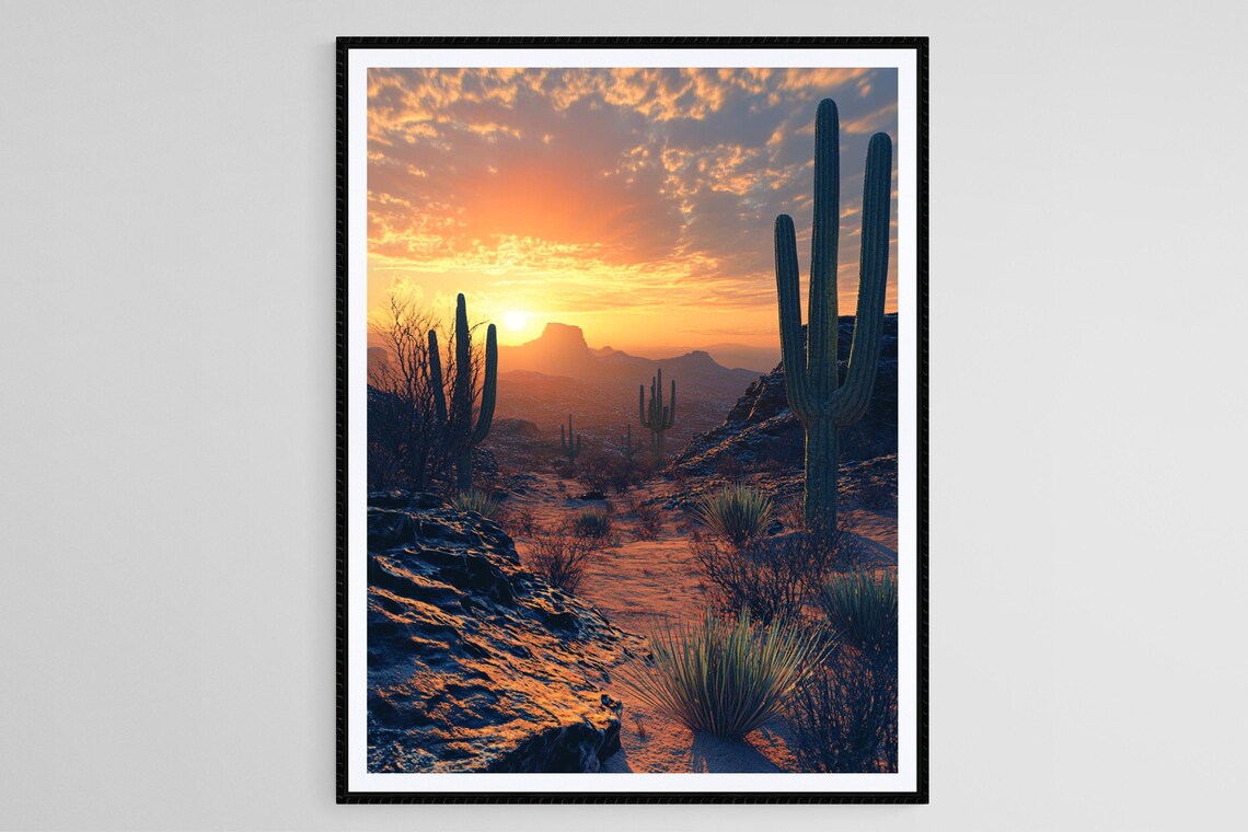 Texas Desert Landscape Art Print, Cacti Sunset