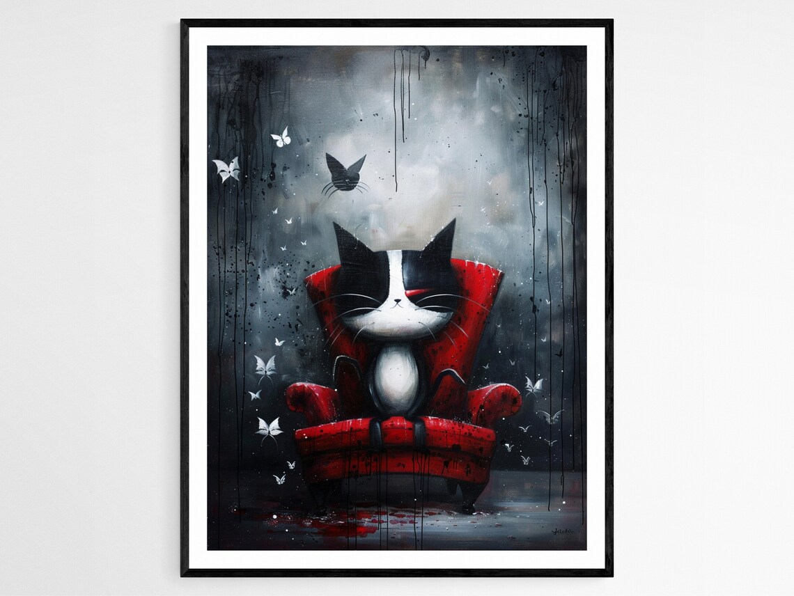 Black and White Cat on Red Armchair with Butterflies Art Poster