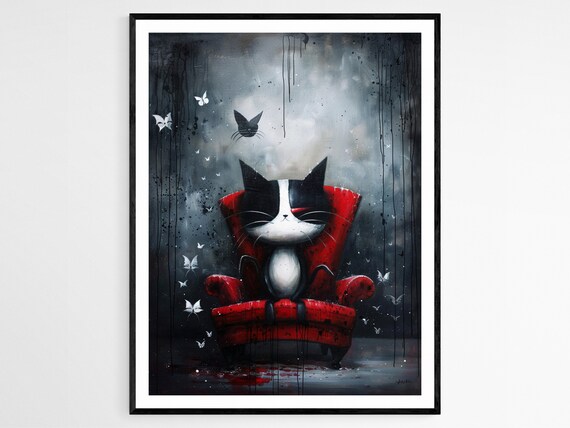Black and White Cat on Red Armchair with Butterflies Art Poster