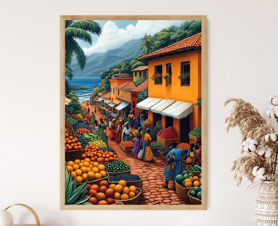 Mauritania Marketplace Illustration Colorful Farm Market Painting African Fruit Art Wall Art For Kitchen African Restaurant Decor