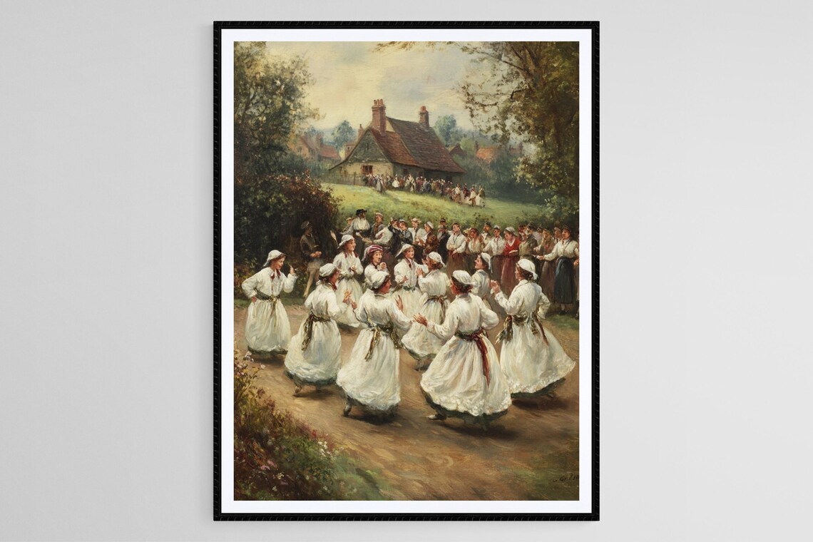 English Morris Dance Women White Dresses Country Village Poster