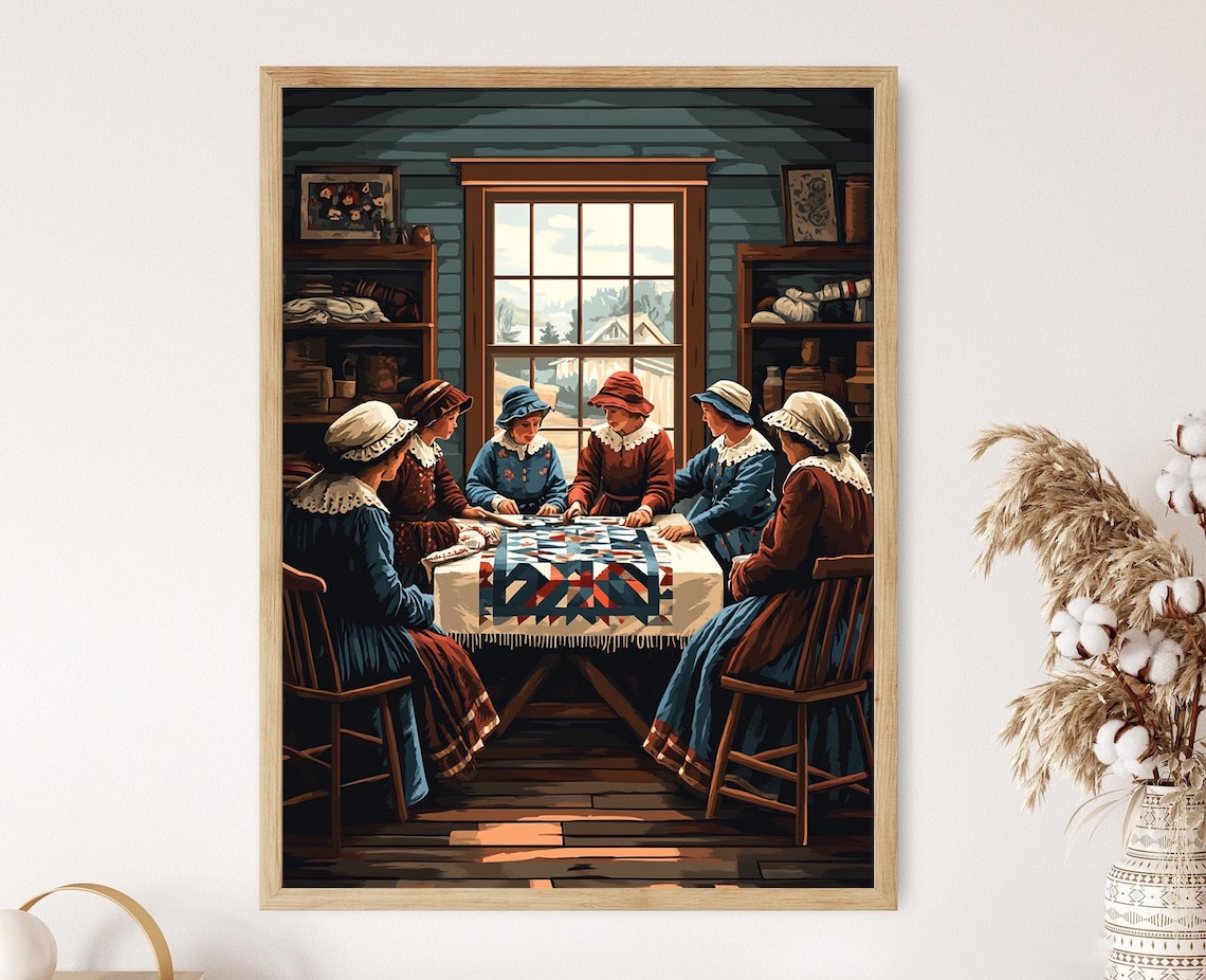 Amish Quilting Bee, Traditional Craft Scene Art Print