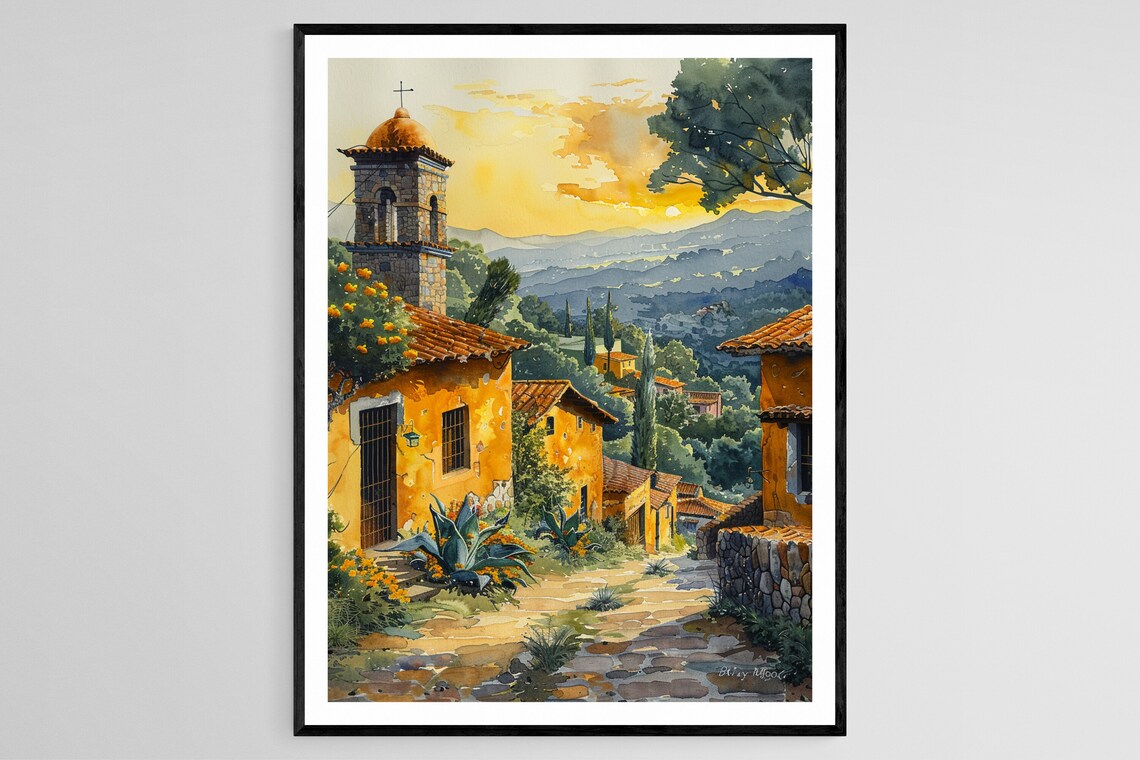 Sunset in a Mexican Village, Watercolor Art Print