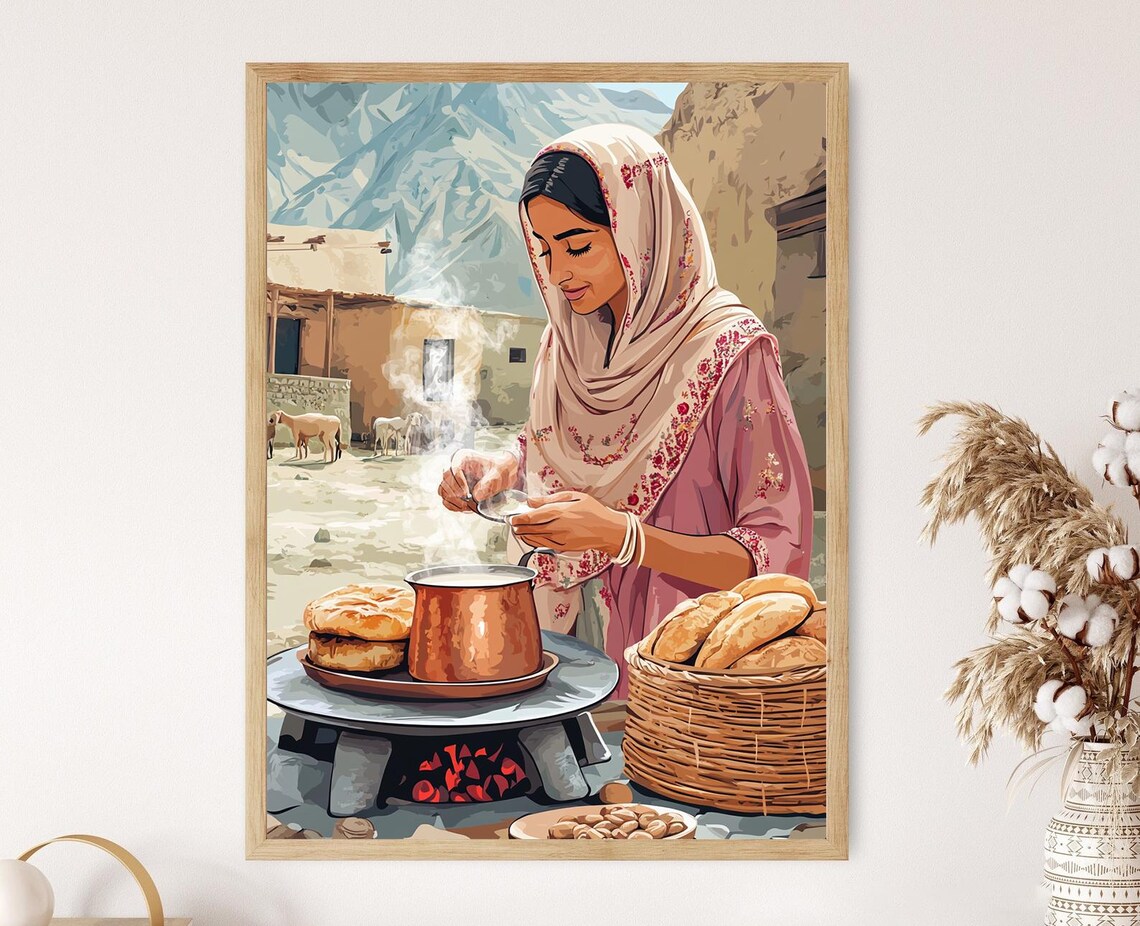 Afghan Woman Making Sheer Chai in a Village Kitchen Art Poster