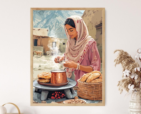 Afghan Woman Making Sheer Chai in a Village Kitchen Art Poster