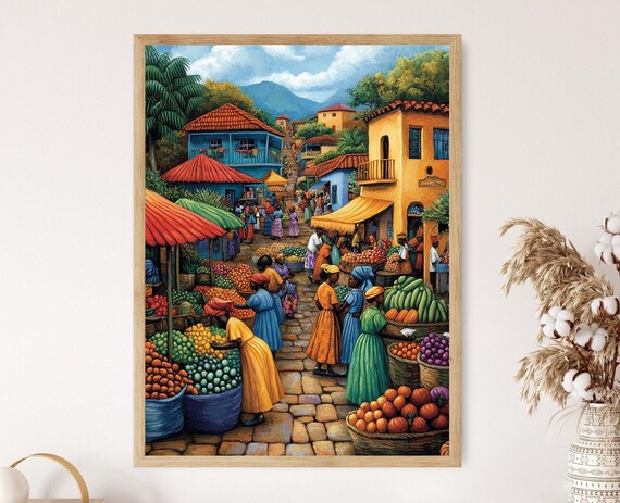 Angola Marketplace Illustration Colorful Farm Market Painting African Fruit Art Wall Art For Kitchen African Restaurant Decor