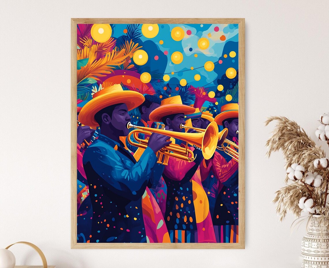 Colombian Porro Brass Band Trumpet Players Festival Celebration Poster