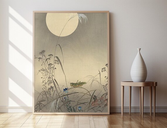 Ohara Koson Grasshopper Full Moon Wild Grasses Woodblock Poster