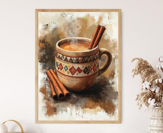 Sri Lankan Spiced Tea Art Print Geometric Motif Poster Rustic Beverage Illustration