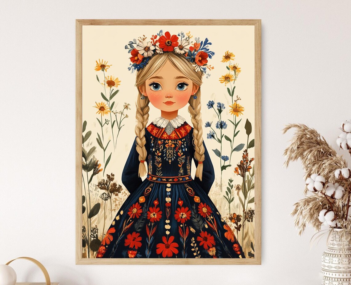 Swedish Doll Art Print, Dalarna Folk Dress & Flower Crown